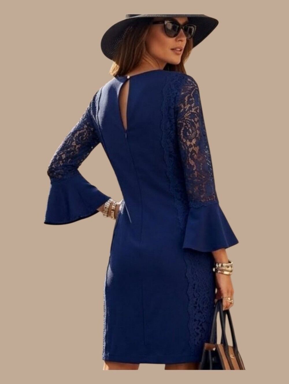 Kensie Navy Long Sleeve Ruffle Midi Sheath Dress with Lace Details S